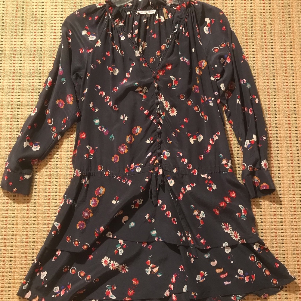 Rebecca Taylor Silk Drawstring Waist Floral Dress